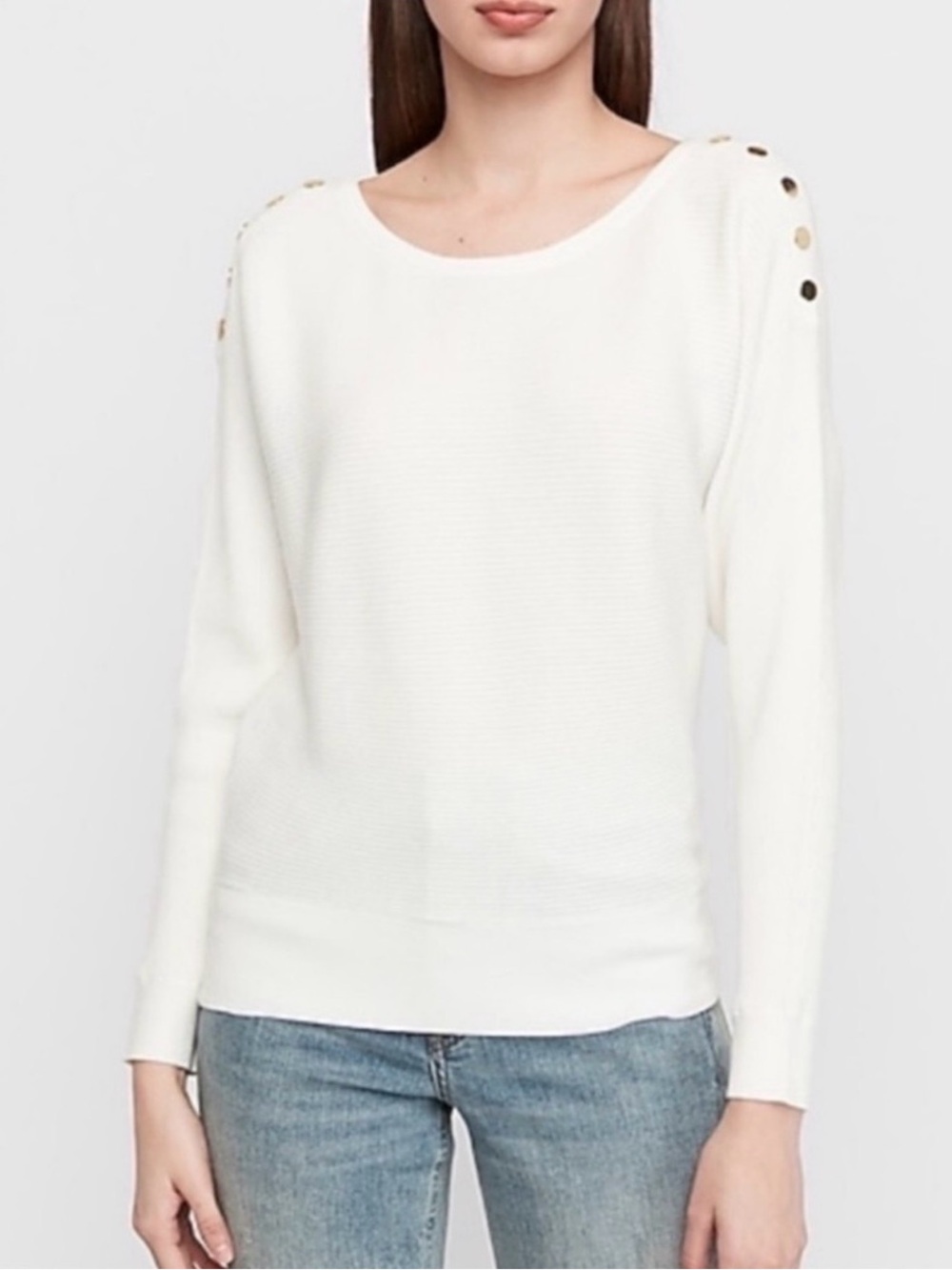 Express White Ribbed Sweater with Gold Shoulder Button Detail